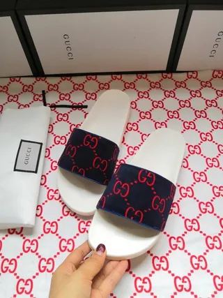 Gucci Screener Navy and Red GG Monogram Slippers 6