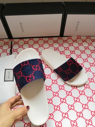Gucci Screener Navy and Red GG Monogram Slippers 7