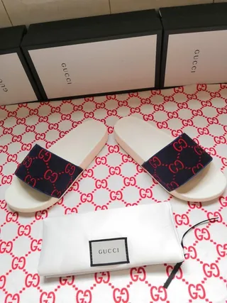 Gucci Screener Navy and Red GG Monogram Slippers 9