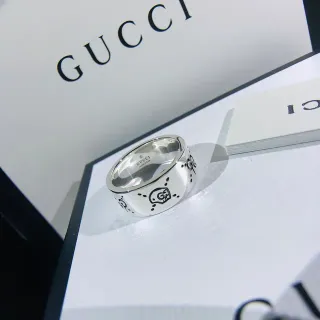 Gucci Screener Silver Black Wide Band Engraved Motif Ring