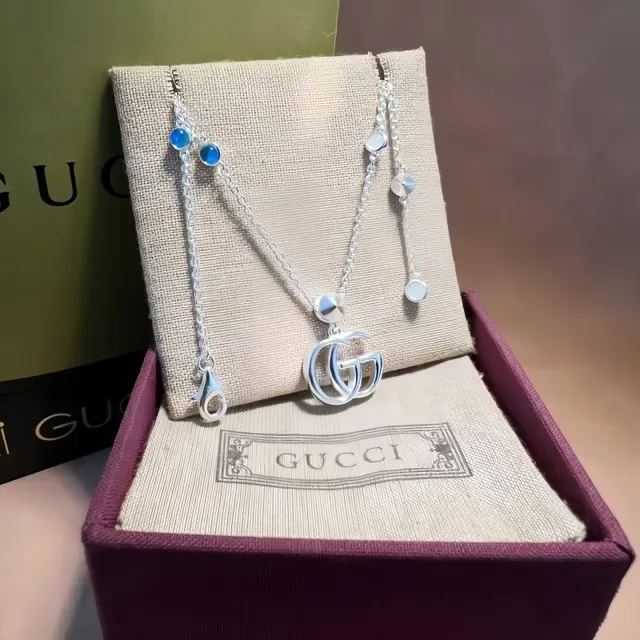 Gucci Silver Blue Chain Interlocking GG Logo Bracelet 7
