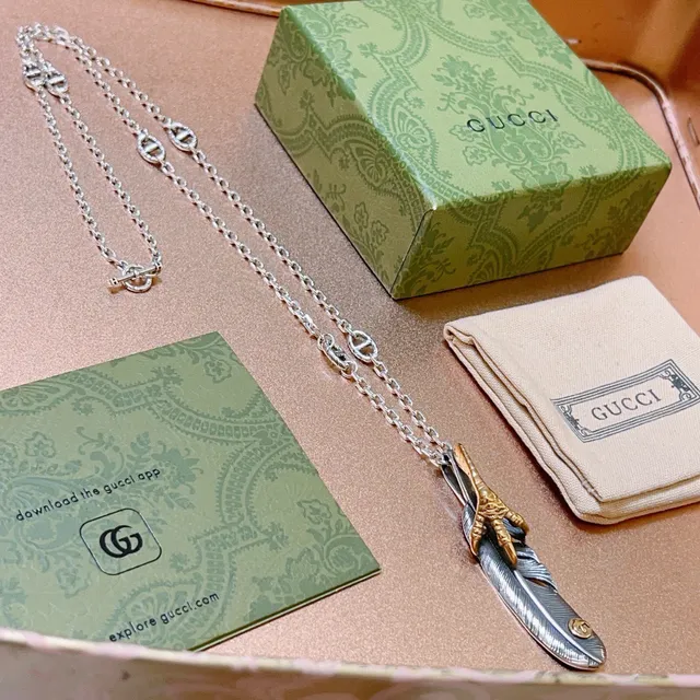 Gucci Silver Gold Feather Pendant Talon Accent Necklace 4