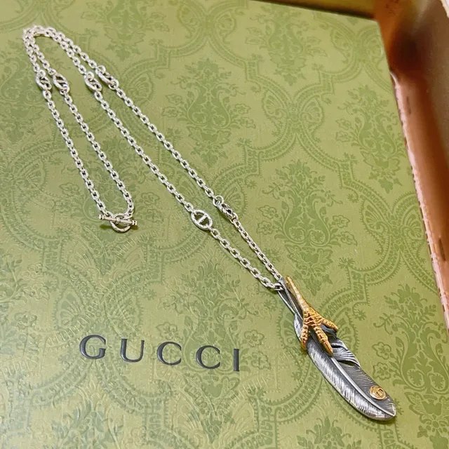 Gucci Silver Gold Feather Pendant Talon Accent Necklace 6