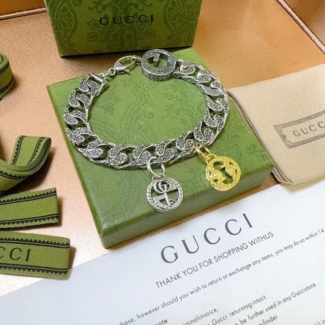 Gucci Silver Gold Ornate Scrollwork Links Dual-Tone Charms Bracelet 2