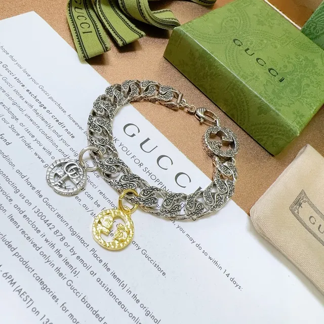 Gucci Silver Gold Ornate Scrollwork Links Dual-Tone Charms Bracelet 6