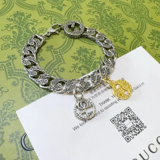 Gucci Silver Gold Ornate Scrollwork Links Dual-Tone Charms Bracelet 7