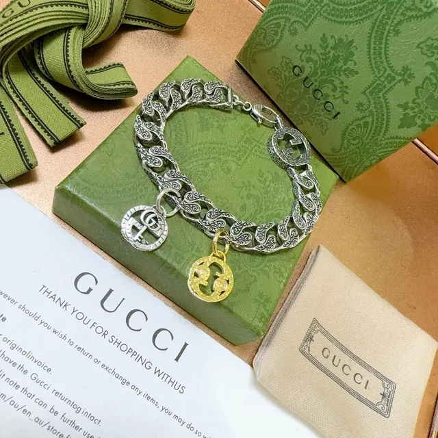 Gucci Silver Gold Ornate Scrollwork Links Dual-Tone Charms Bracelet 9