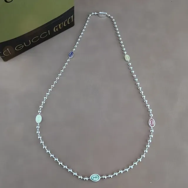 Gucci Silver Green Ball-Chain Construction Enamel Logo Charms Necklace 3