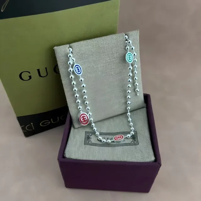 Gucci Silver Green Ball-Chain Construction Enamel Logo Charms Necklace 4