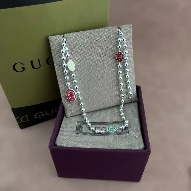 Gucci Silver Green Ball-Chain Construction Enamel Logo Charms Necklace 5
