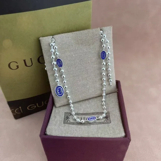Gucci Silver Green Ball-Chain Construction Enamel Logo Charms Necklace 6