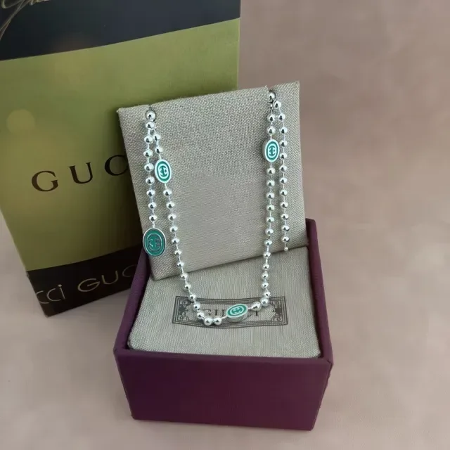 Gucci Silver Green Ball-Chain Construction Enamel Logo Charms Necklace 7