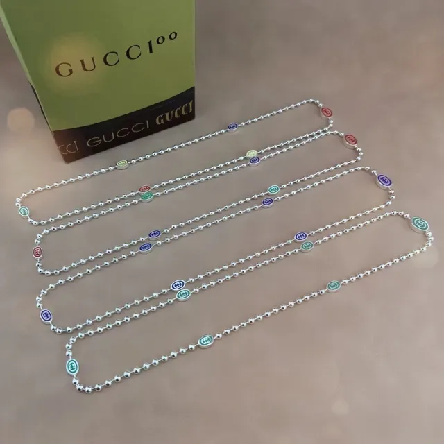 Gucci Silver Green Ball-Chain Construction Enamel Logo Charms Necklace 8