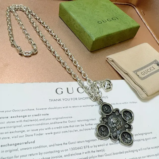 Gucci Corrente Prateada Verde Cruz Pendente Ornado Colar 3