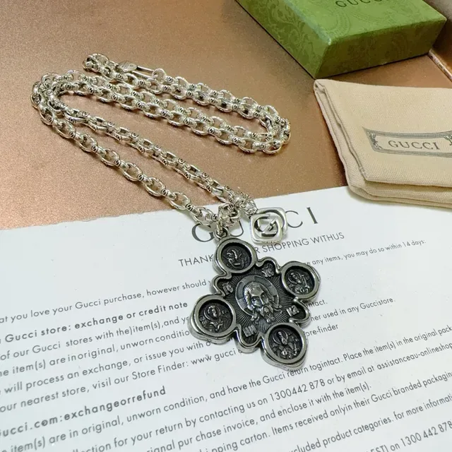 Gucci Corrente Prateada Verde Cruz Pendente Ornado Colar 6