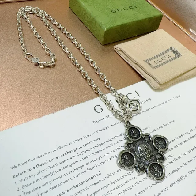 Gucci Corrente Prateada Verde Cruz Pendente Ornado Colar 7