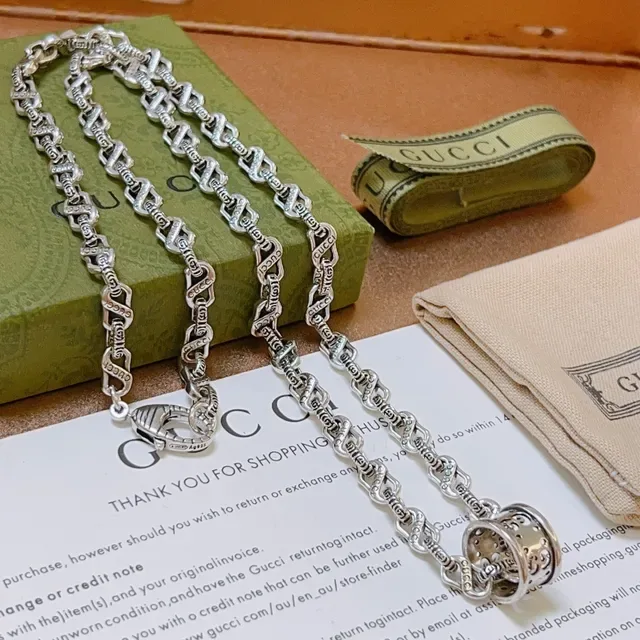 Gucci Silver Interlocking Link Chain Engraved Branding Necklace 9