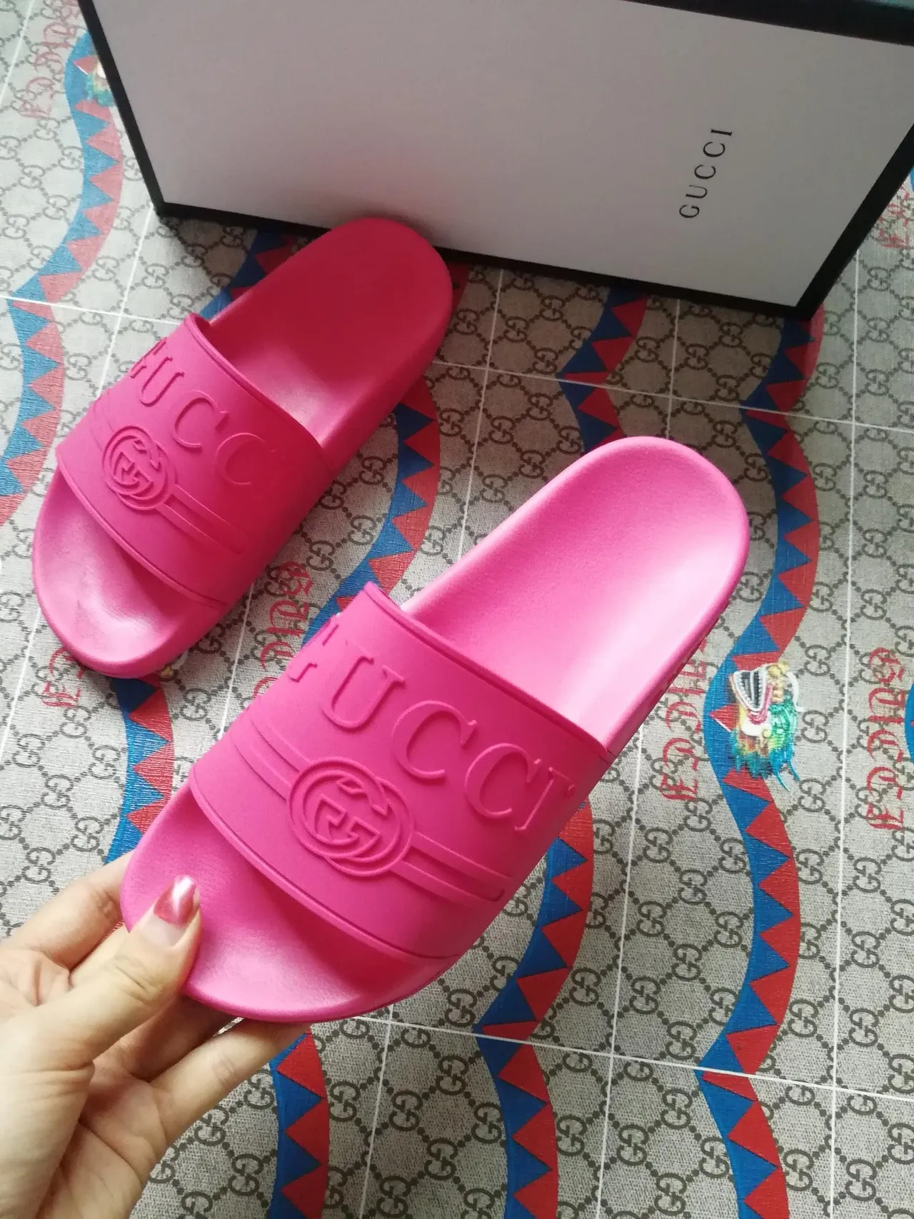 Gucci Slide Pink Molded Rubber Embossed Branding Slippers 3