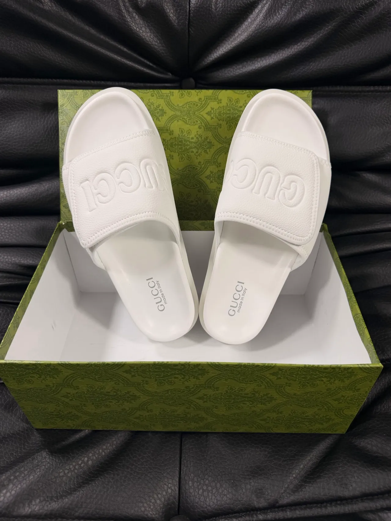 Gucci Slide White Leather Embossed Logo Slipper 3