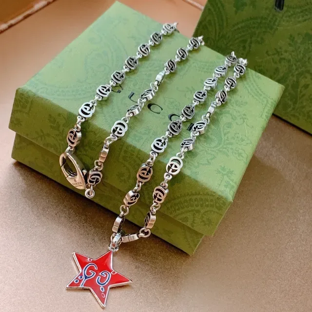 Gucci Star GG Red Silver Interlocking G-Link Chain Enamel Pendant Necklace 2