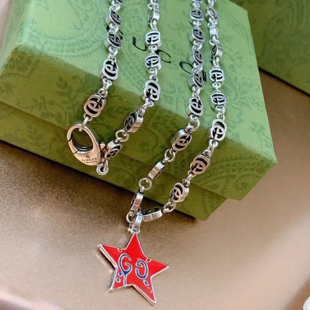 Gucci Star GG Red Silver Interlocking G-Link Chain Enamel Pendant Necklace 3