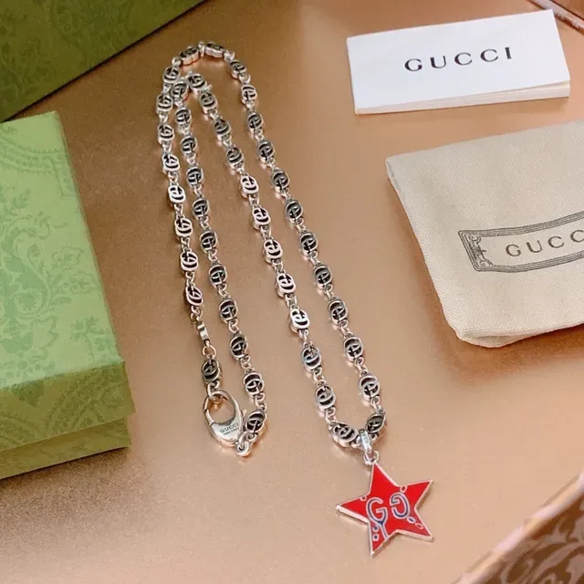 Gucci Star GG Red Silver Interlocking G-Link Chain Enamel Pendant Necklace 5
