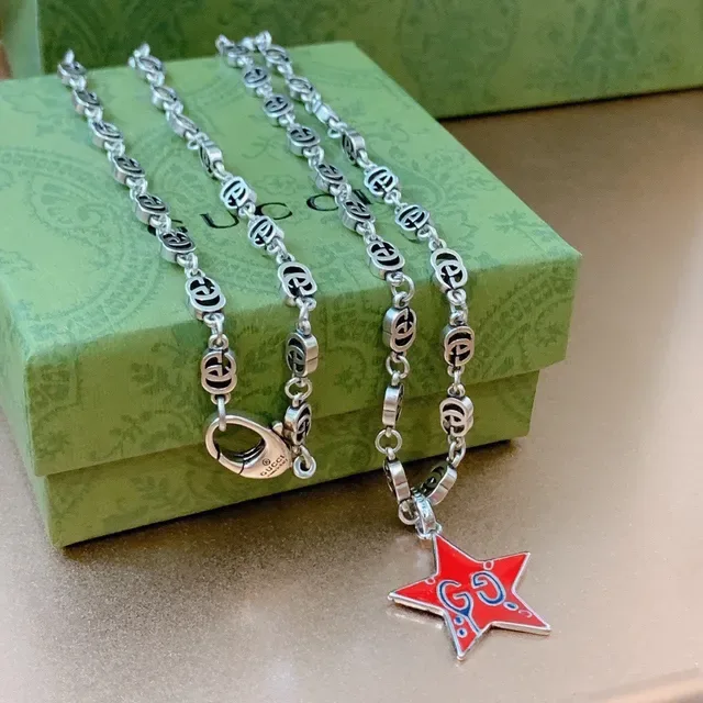 Gucci Star GG Red Silver Interlocking G-Link Chain Enamel Pendant Necklace 6