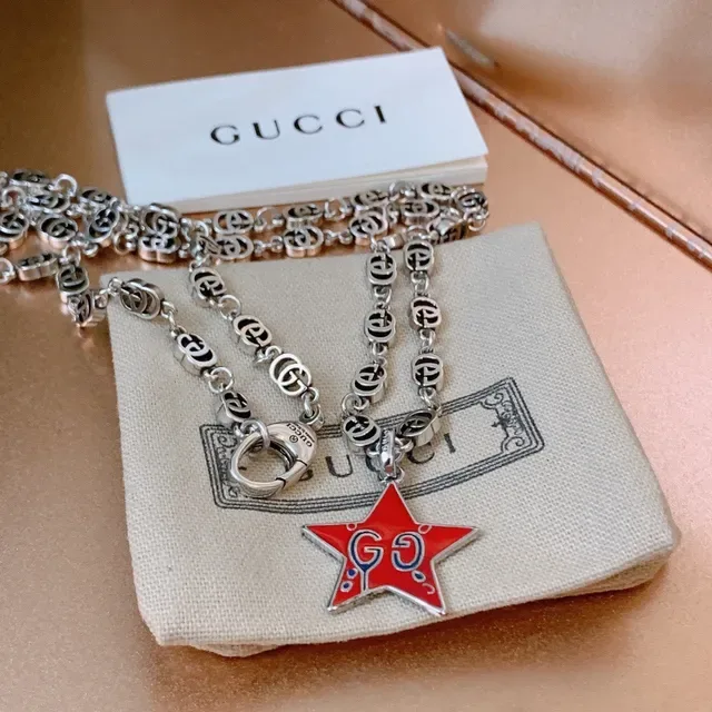 Gucci Star GG Red Silver Interlocking G-Link Chain Enamel Pendant Necklace 7