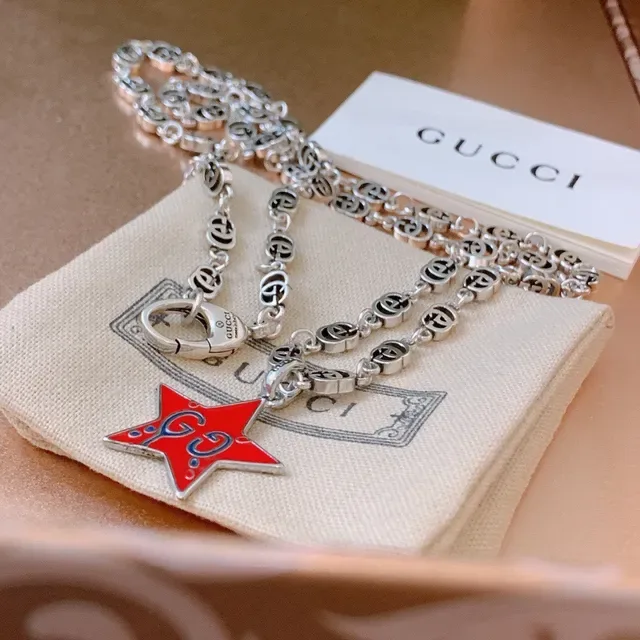 Gucci Star GG Red Silver Interlocking G-Link Chain Enamel Pendant Necklace 8