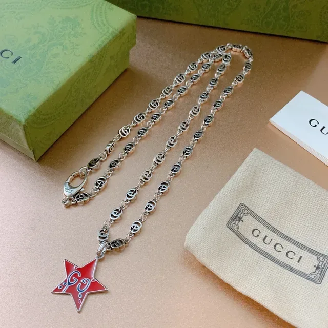 Gucci Star GG Red Silver Interlocking G-Link Chain Enamel Pendant Necklace 9