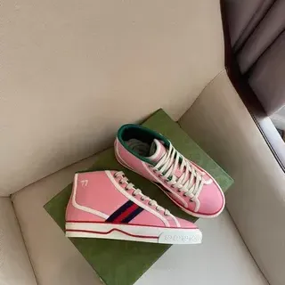 Gucci Tennis 1977 Pink Web Stripe High-Top Lifestyle Sneakers