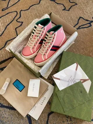 Gucci Tennis 1977 Pink Web Stripe High-Top Lifestyle Sneakers 3