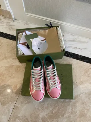 Gucci Tennis 1977 Pink Web Stripe High-Top Lifestyle Sneakers 4