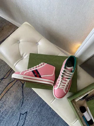Gucci Tennis 1977 Pink Web Stripe High-Top Lifestyle Sneakers 7