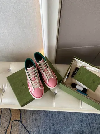 Gucci Tennis 1977 Pink Web Stripe High-Top Lifestyle Sneakers 8