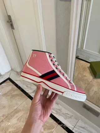 Gucci Tennis 1977 Pink Web Stripe High-Top Lifestyle Sneakers 9