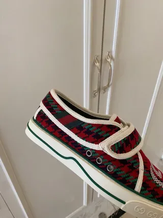 Gucci Tennis 1977 Red Green Plaid Velcro Strap Lifestyle Sneakers 3