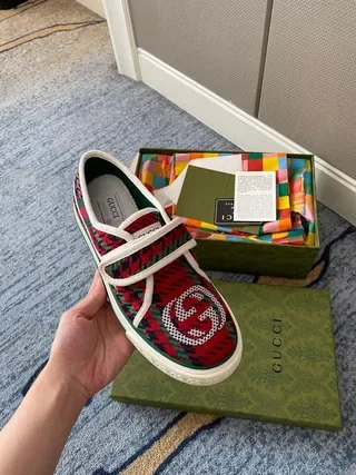 Gucci Tennis 1977 Red Green Plaid Velcro Strap Lifestyle Sneakers 8