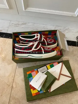 Gucci Tennis 1977 Red Green Plaid Velcro Strap Lifestyle Sneakers 9