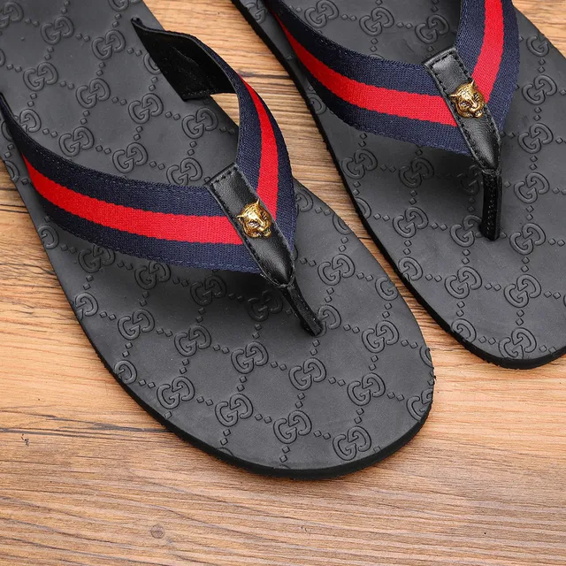 Gucci Web Stripe Flip-Flops Black Navy Red Slippers 2