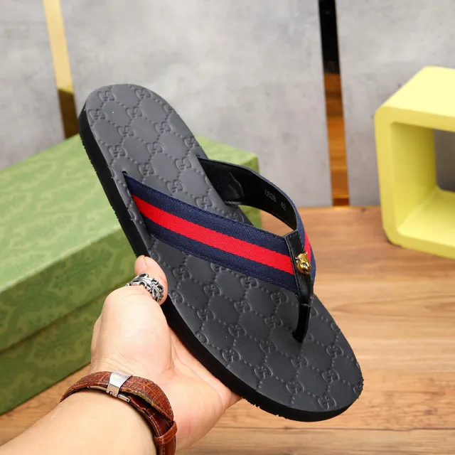 Gucci Web Stripe Flip-Flops Black Navy Red Slippers 6