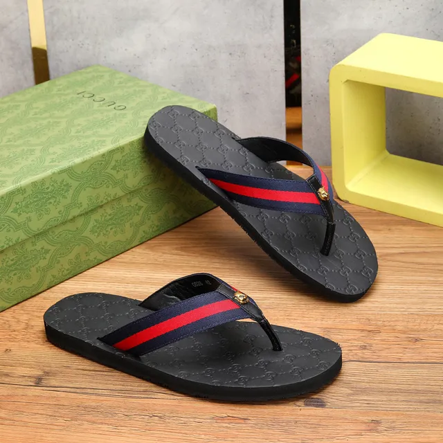 Gucci Web Stripe Flip-Flops Black Navy Red Slippers 7
