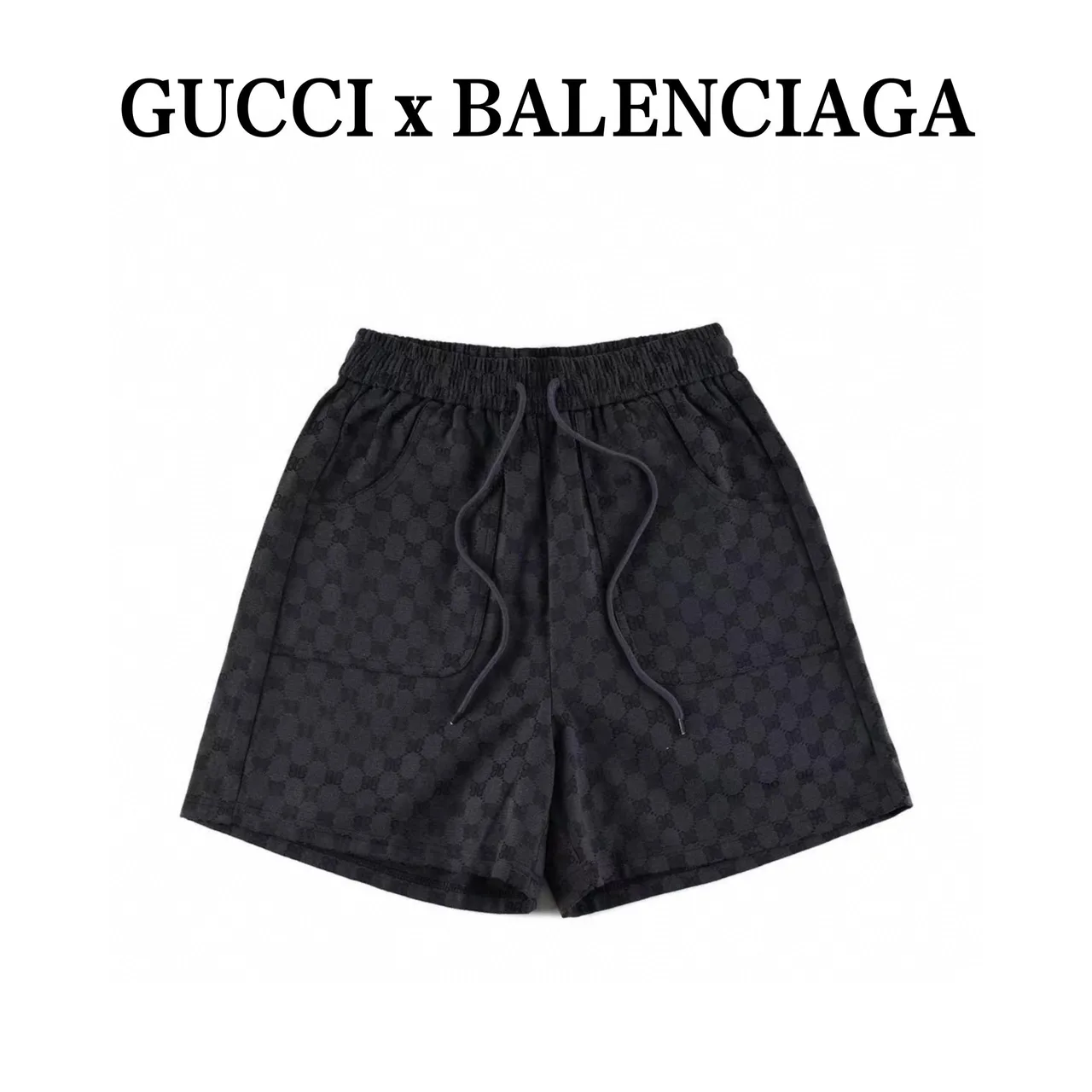 Gucci x Balenciaga Black Gray Monogram Jacquard Elastic Waist Shorts 2