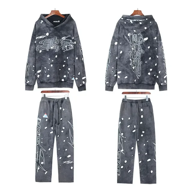 Hellstar Distressed رمادي وأبيض طباعة الرذاذ بدلة رياضية 5