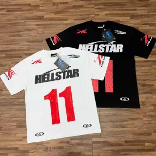 تي شيرت Hellstar أبيض وأحمر بطبعة جرافيك وياقة دائرية