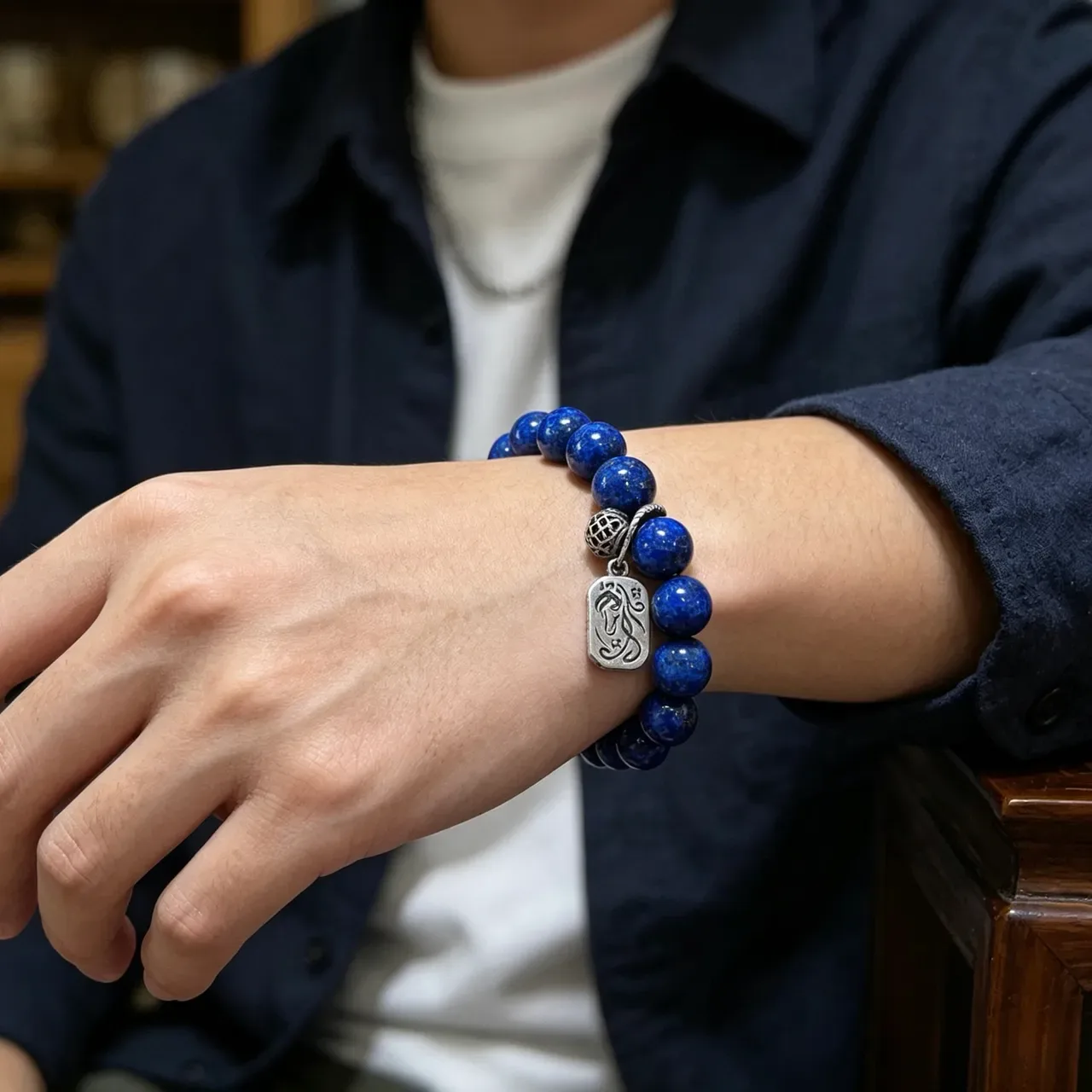Hermès Pulseira de charme com contas de Lápis Lazúli e prata 8