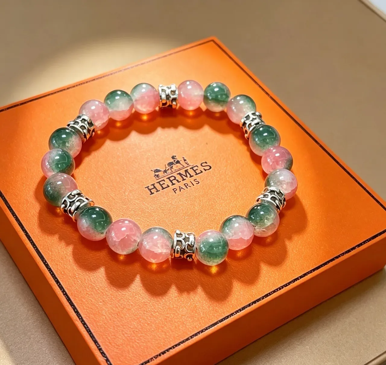Hermès Beaded Multistone Pink and Green Bracelet 4