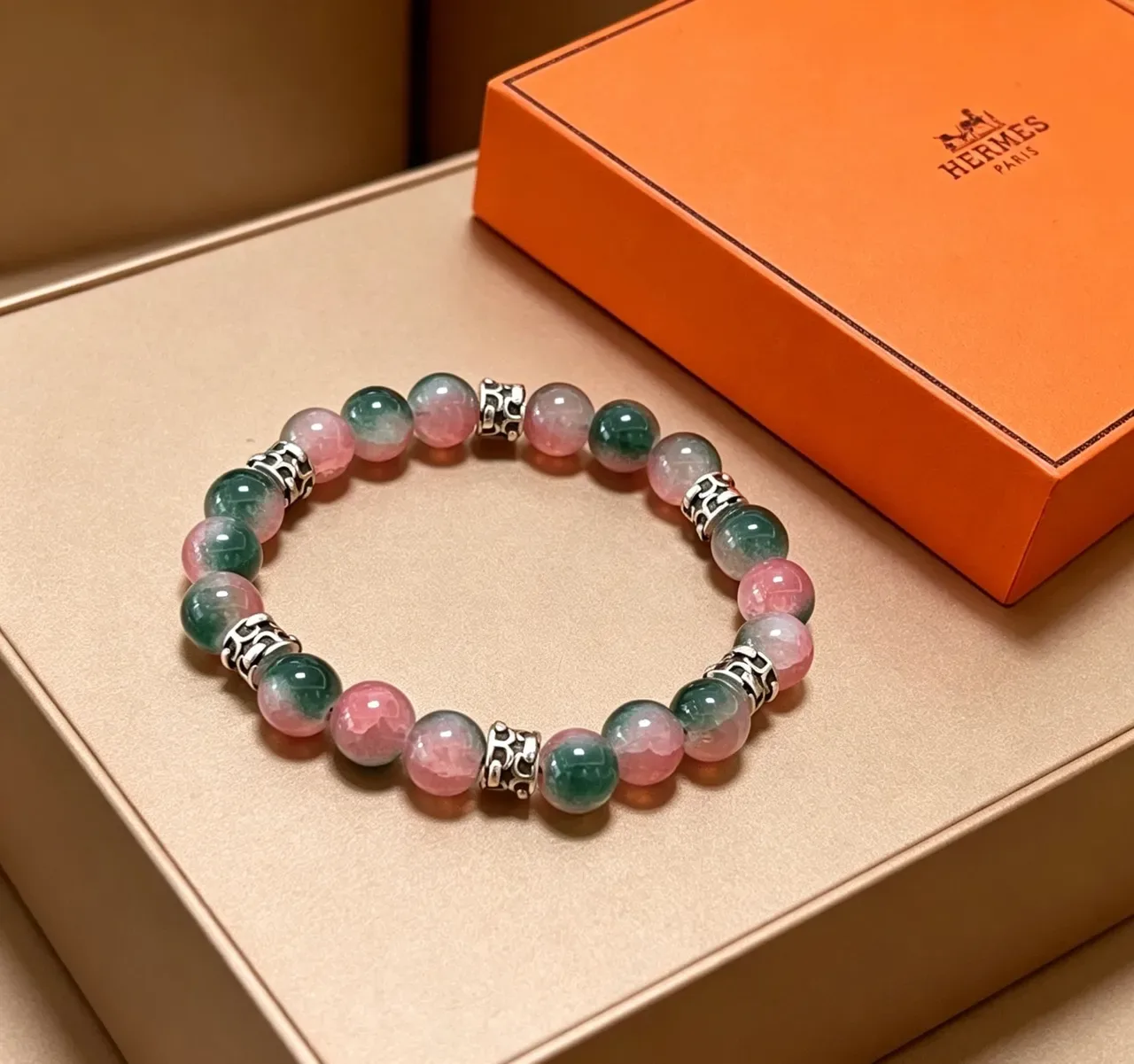 Hermès Beaded Multistone Pink and Green Bracelet 7