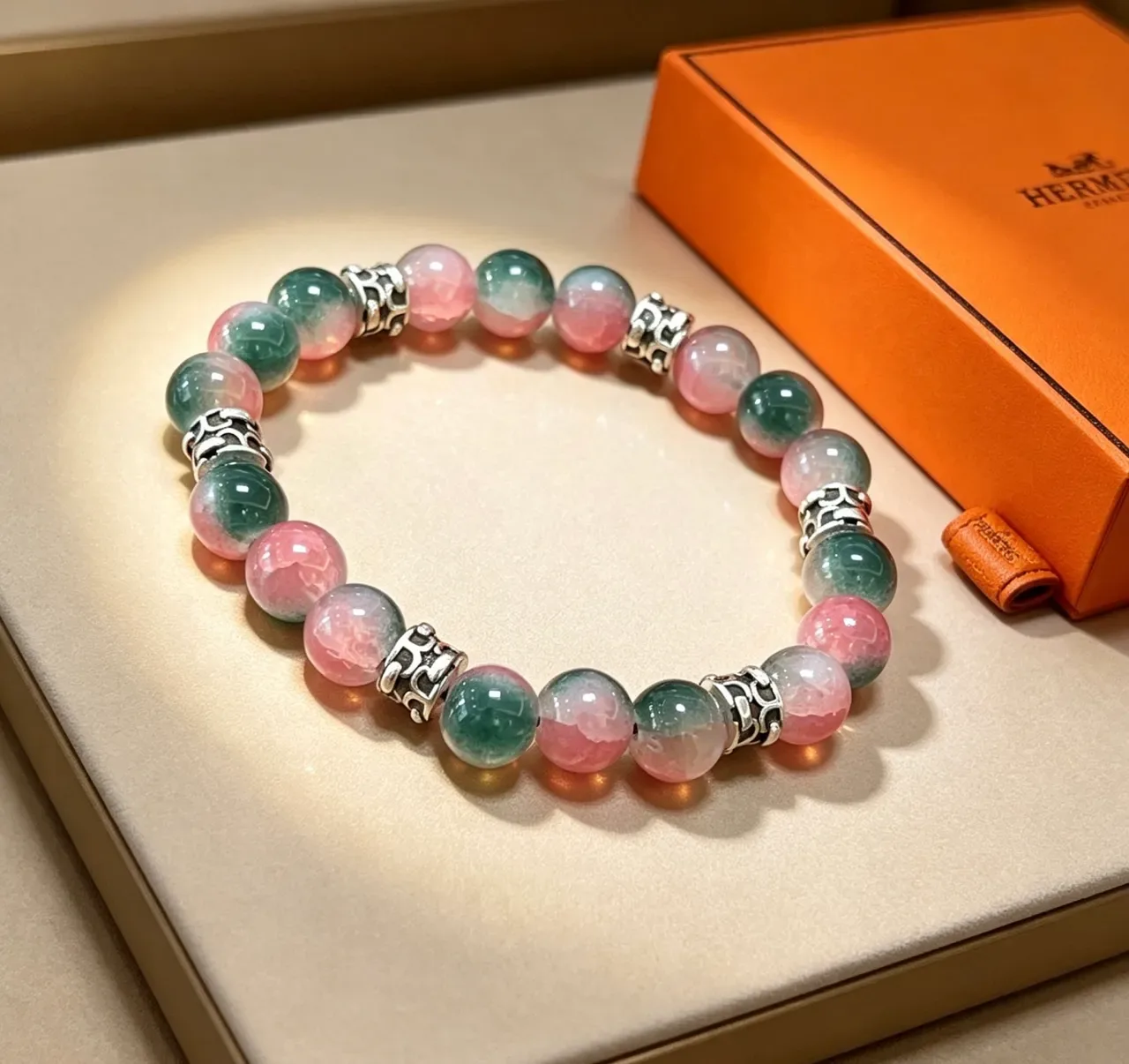 Hermès Beaded Multistone Pink and Green Bracelet 9
