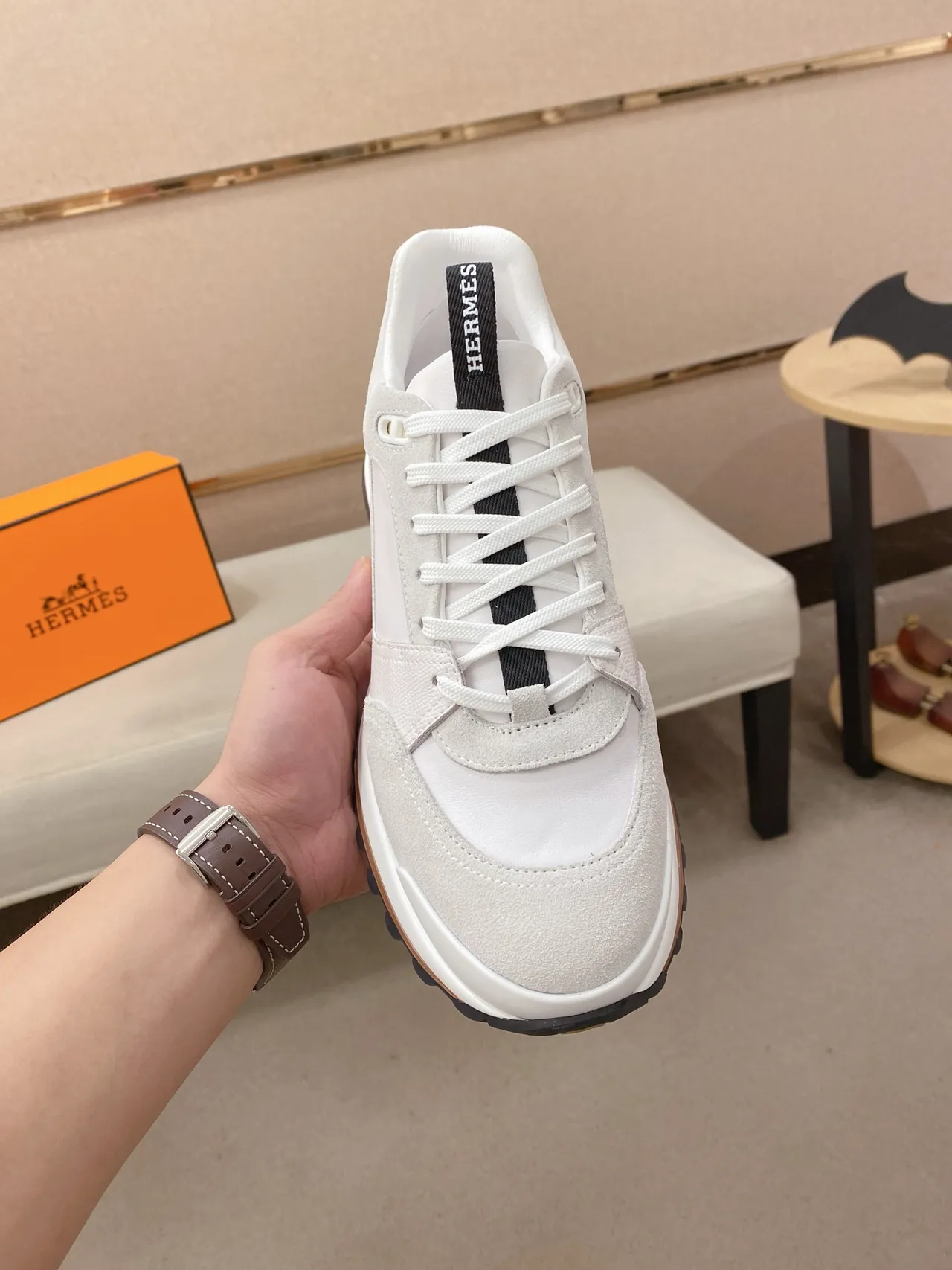 Hermès Beige Black Mixed-Material Upper Layered Midsole Sneakers 5